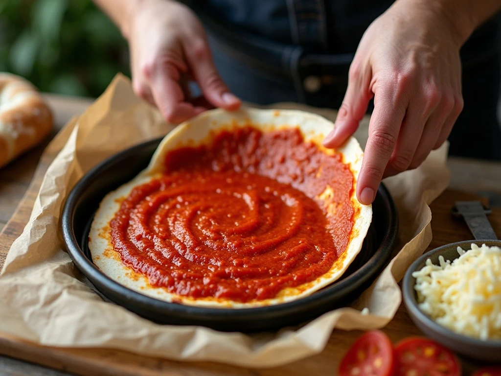 Spreading pizza sauce on a tortilla before air frying