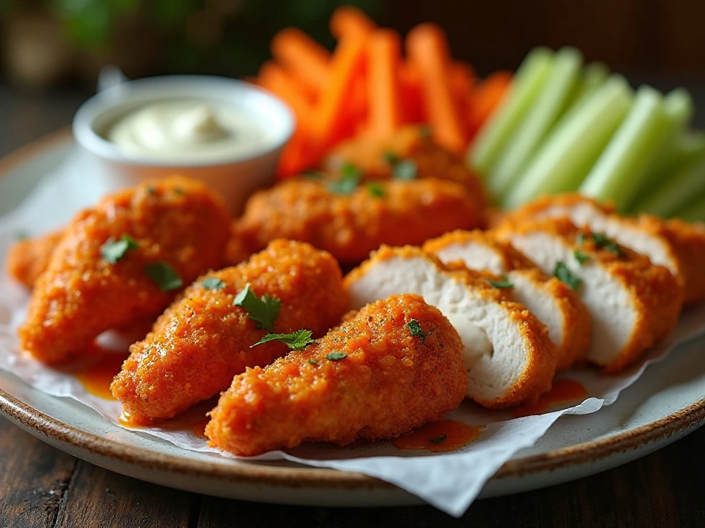 Juicy Buffalo chicken with ranch dressing, celery, and carrots