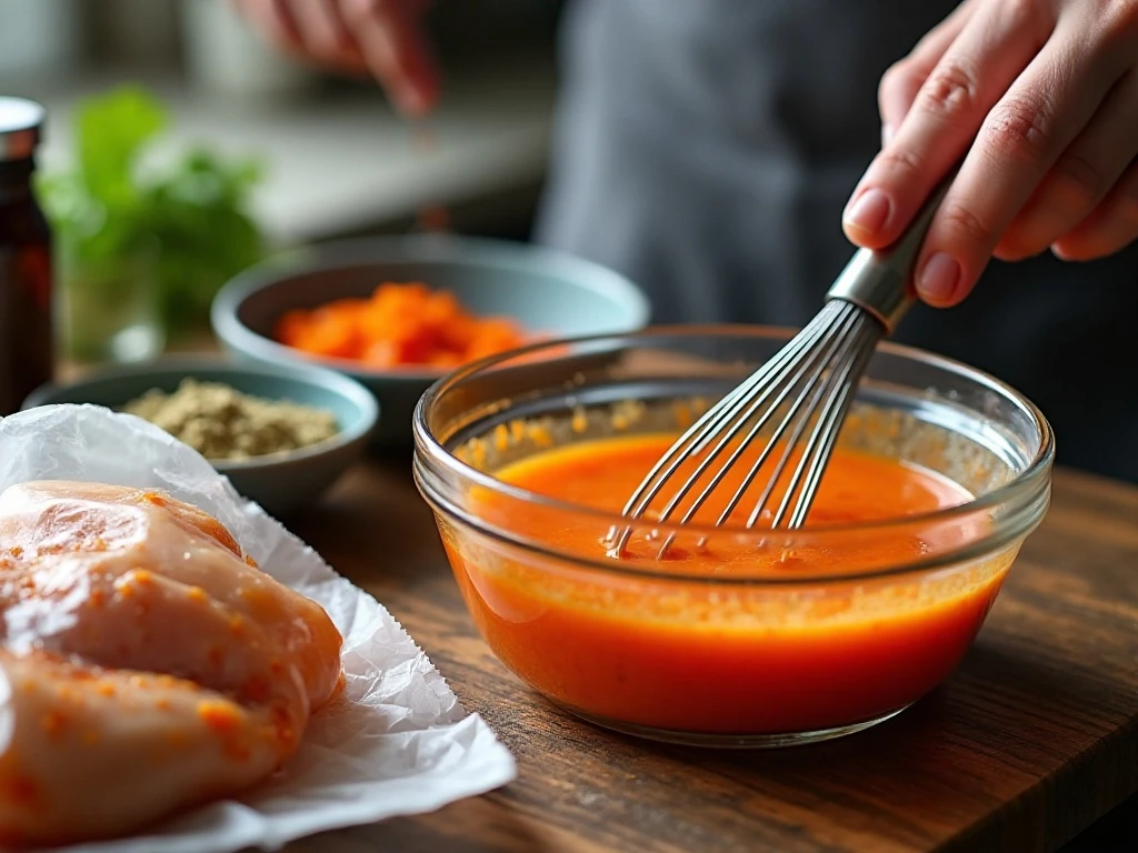 Whisking homemade Buffalo chicken marinade