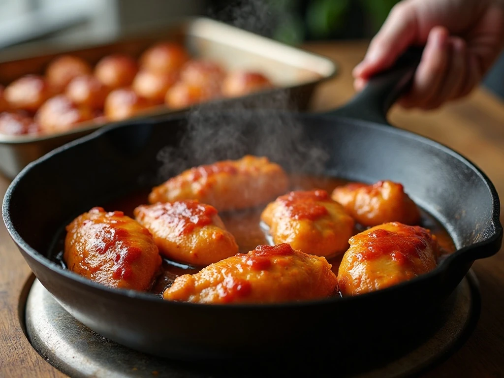 Buffalo chicken cooking in a skillet