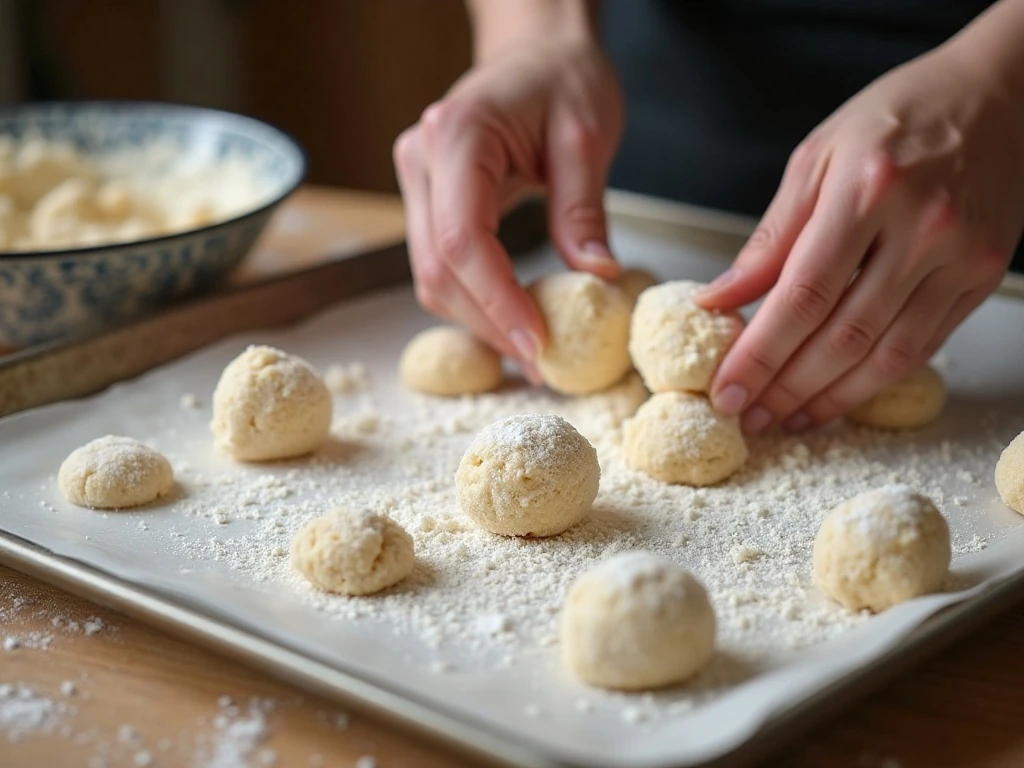 Amaretti cookie dough balls coated in confectioners’ sugar