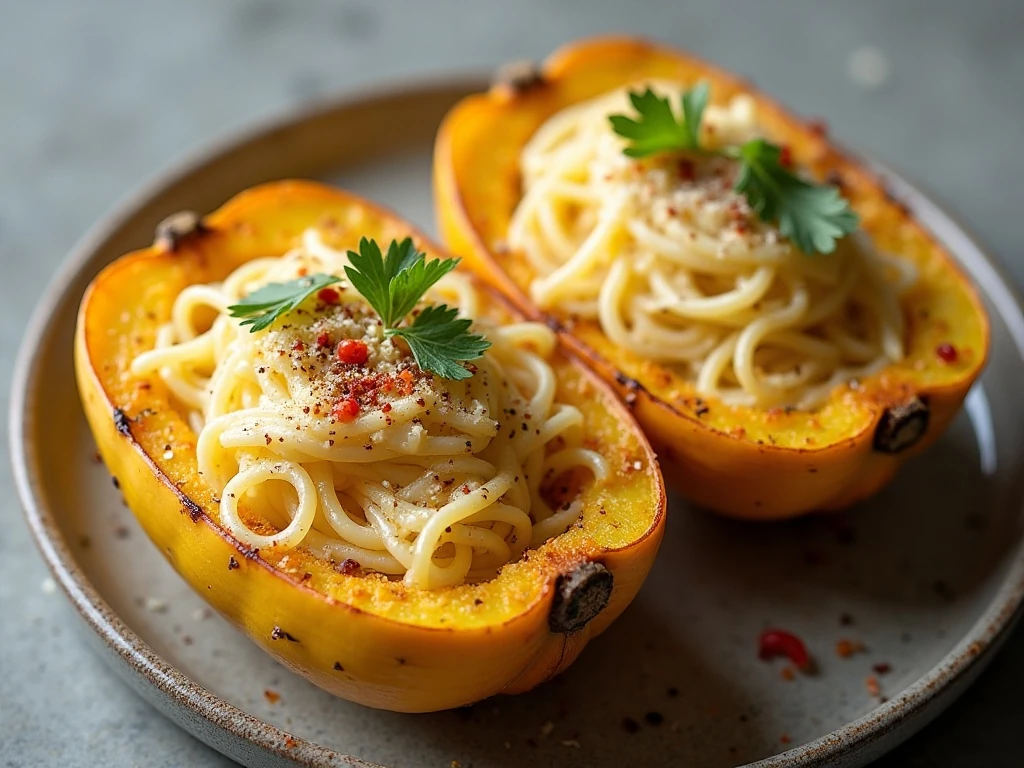 Four-cheese spaghetti squash served in roasted squash shells