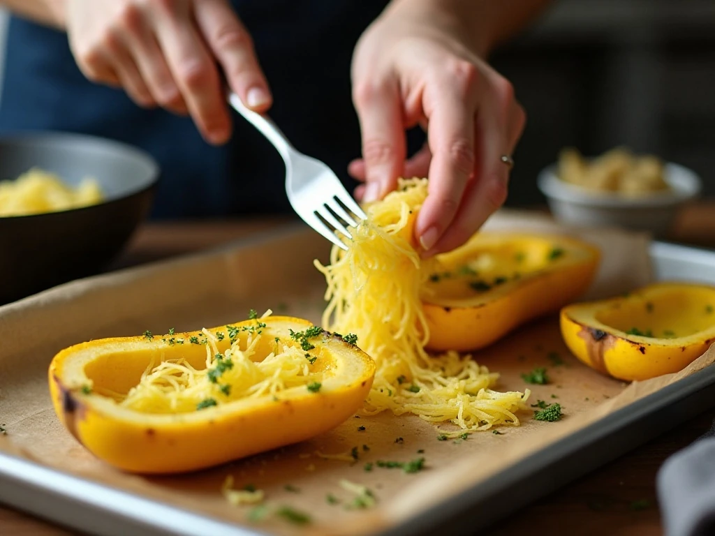 Scraping roasted spaghetti squash into strands