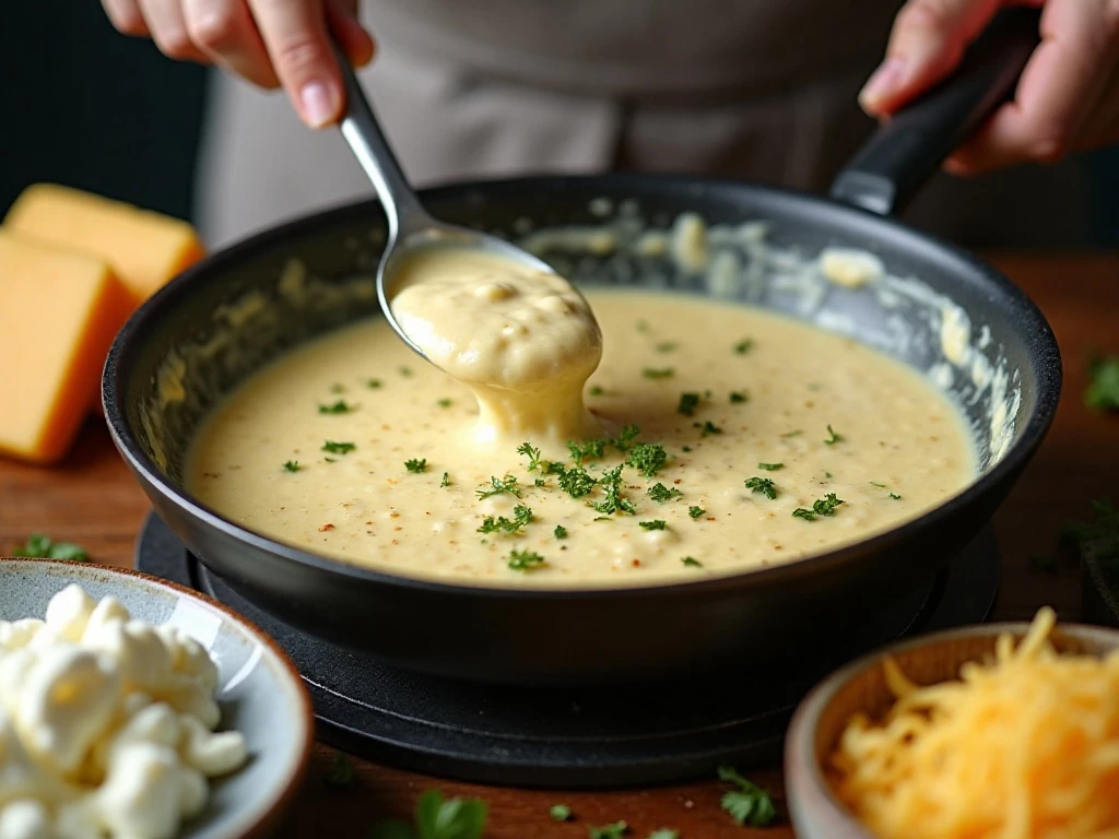 Creamy garlic four-cheese sauce cooking over low heat