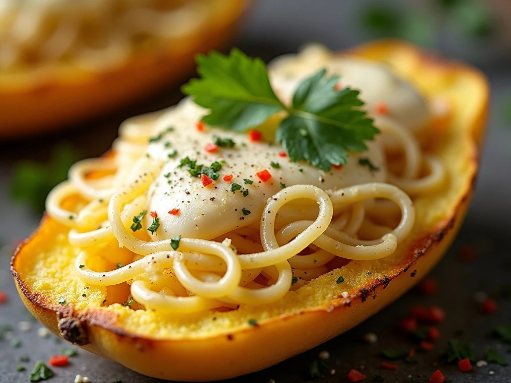 Garnished four-cheese spaghetti squash with bubbling browned cheese