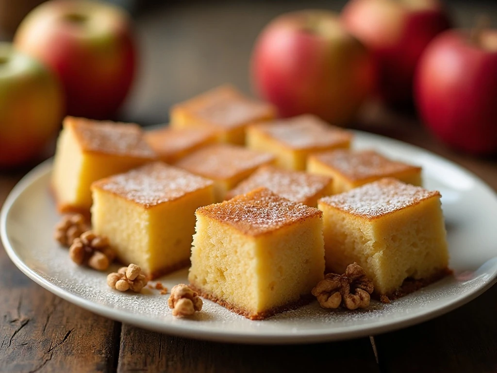Slices of moist homemade apple cake served on a platter