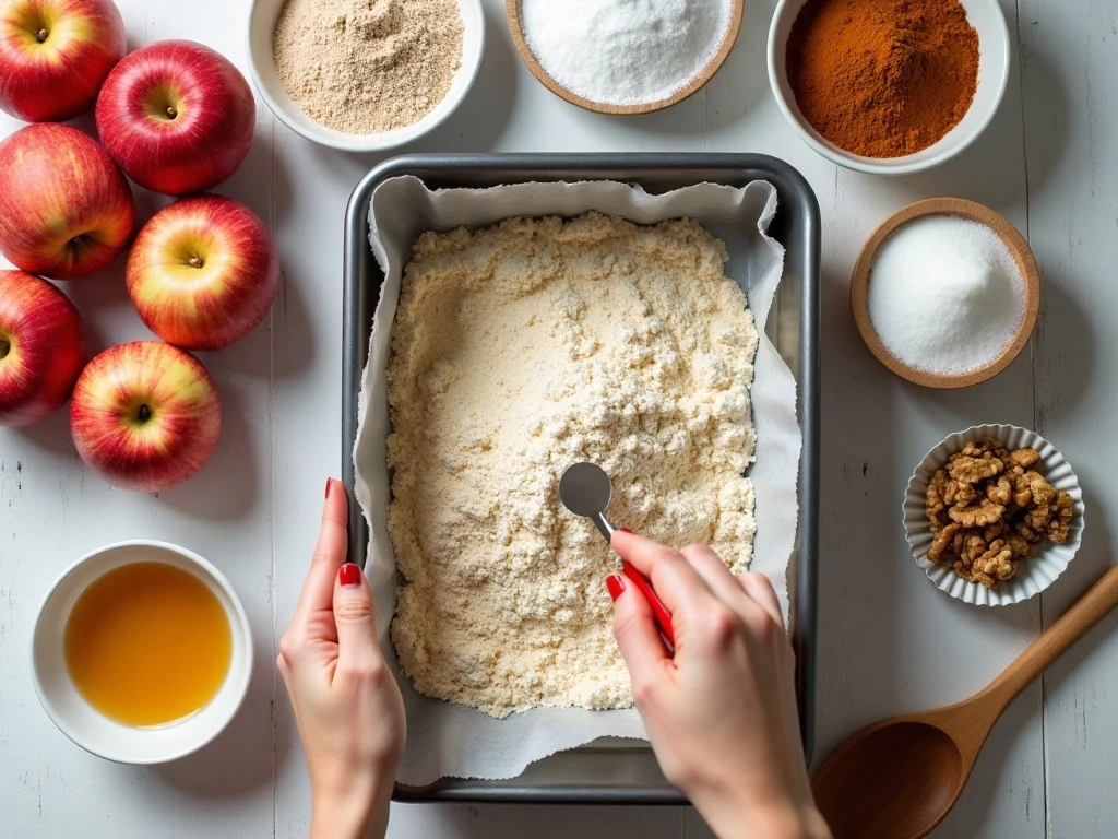 Ingredients for an easy apple cake recipe arranged on a counter