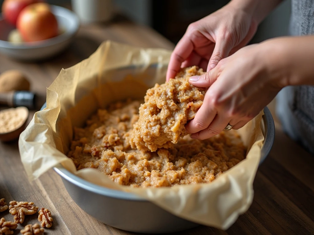 Folding chopped apples into thick apple cake batter