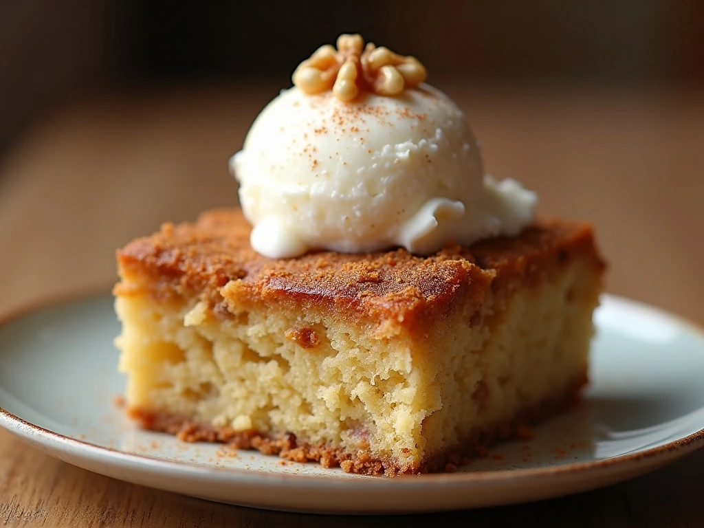 Apple cake served warm with vanilla ice cream and walnuts
