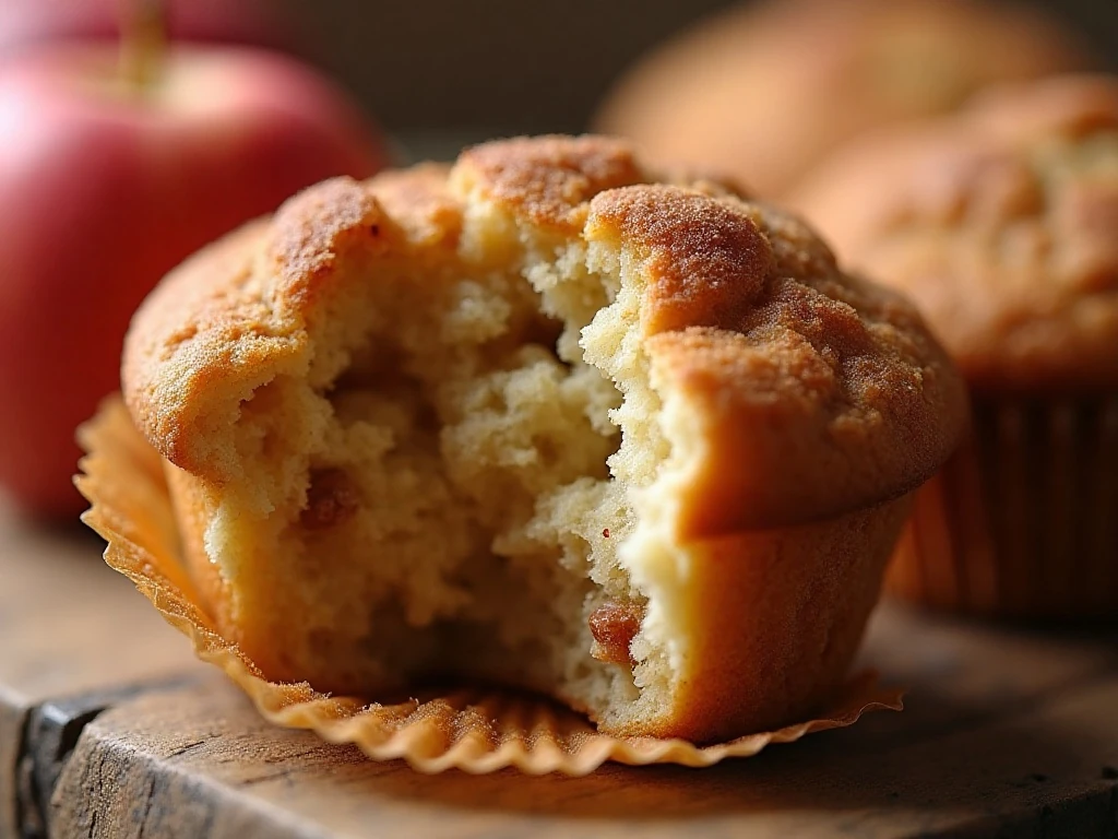 Close-up of cinnamon sugar topping and apple pieces in a muffin