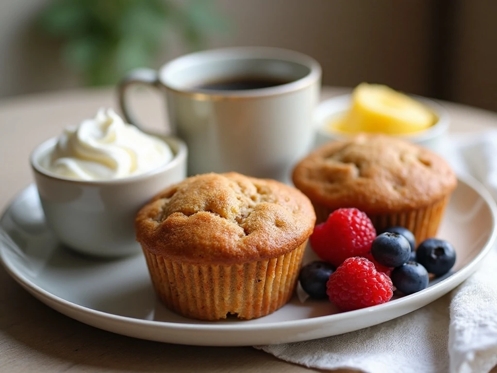 Apple cinnamon muffins with yogurt, berries, and coffee