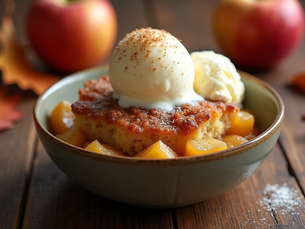 Warm apple dump cake served with vanilla ice cream