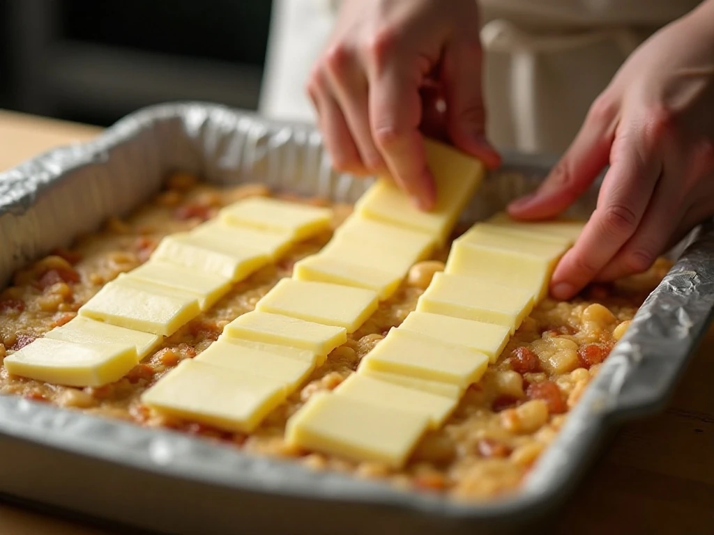 Arranging butter slices over apple dump cake layers