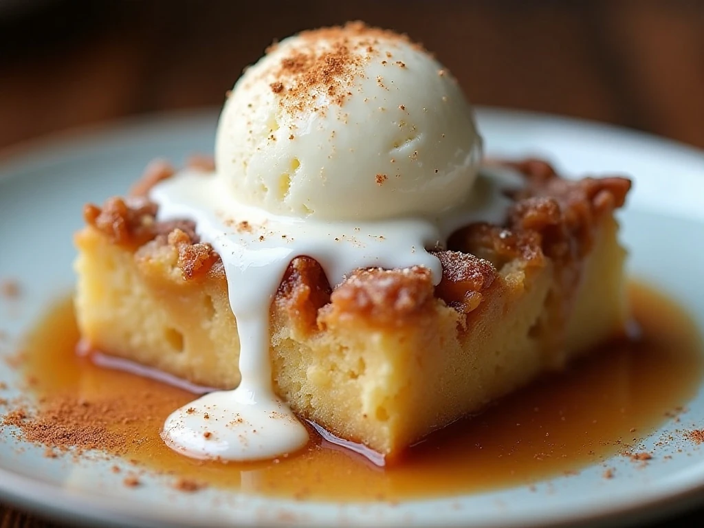 Apple dump cake with melting vanilla ice cream and pecans