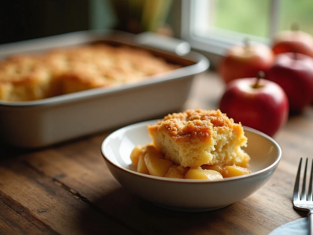 Apple dump cake portion ready to reheat and serve
