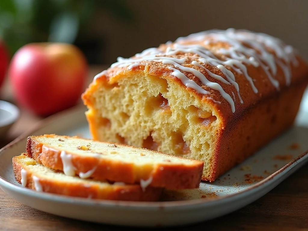 Sliced apple fritter bread with cinnamon layers and glaze