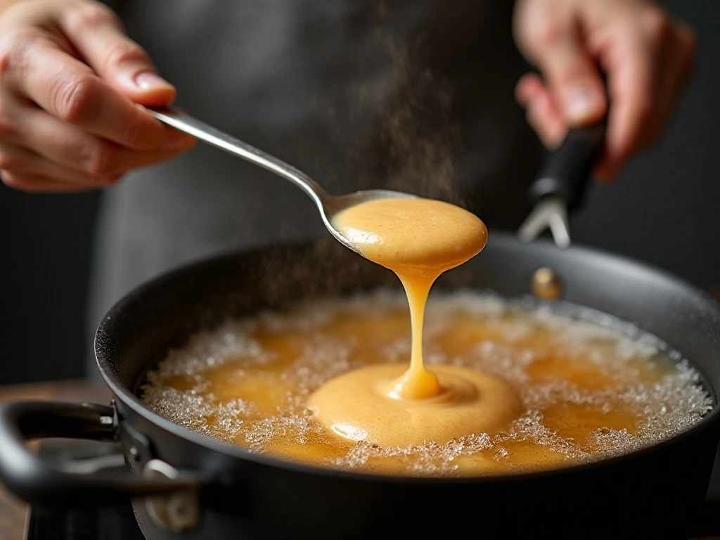 Frying apple fritter batter in hot oil