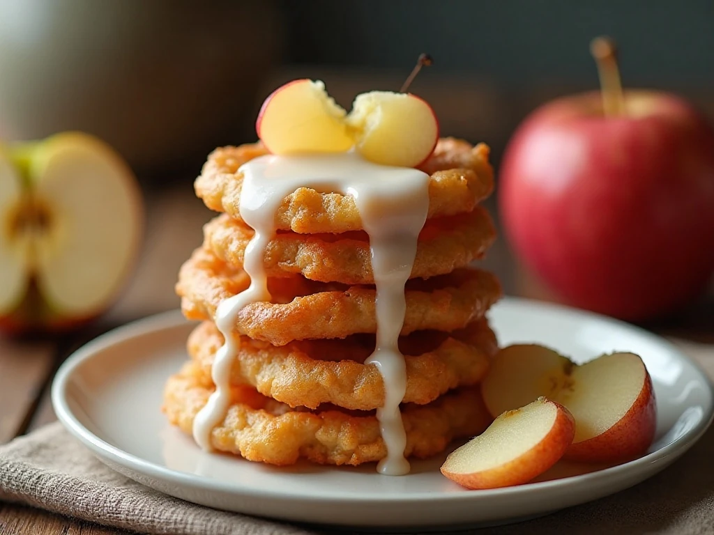Stack of warm crispy apple fritters with vanilla glaze