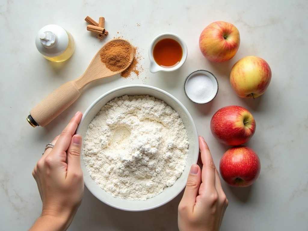 Ingredients for quick apple fritters arranged on a kitchen counter