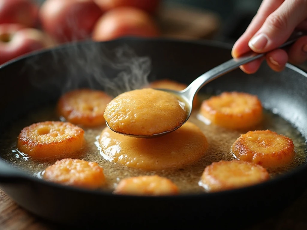 Thick apple fritter batter cooking in hot oil