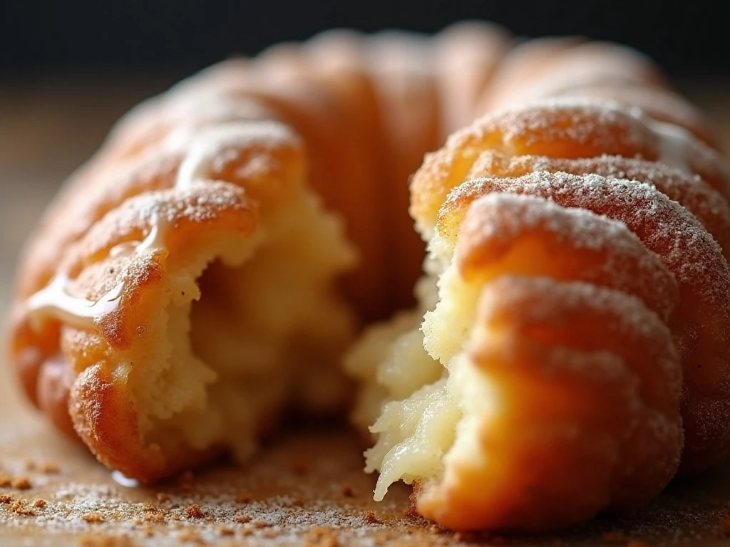 Crisp apple fritter showing its soft apple-filled center