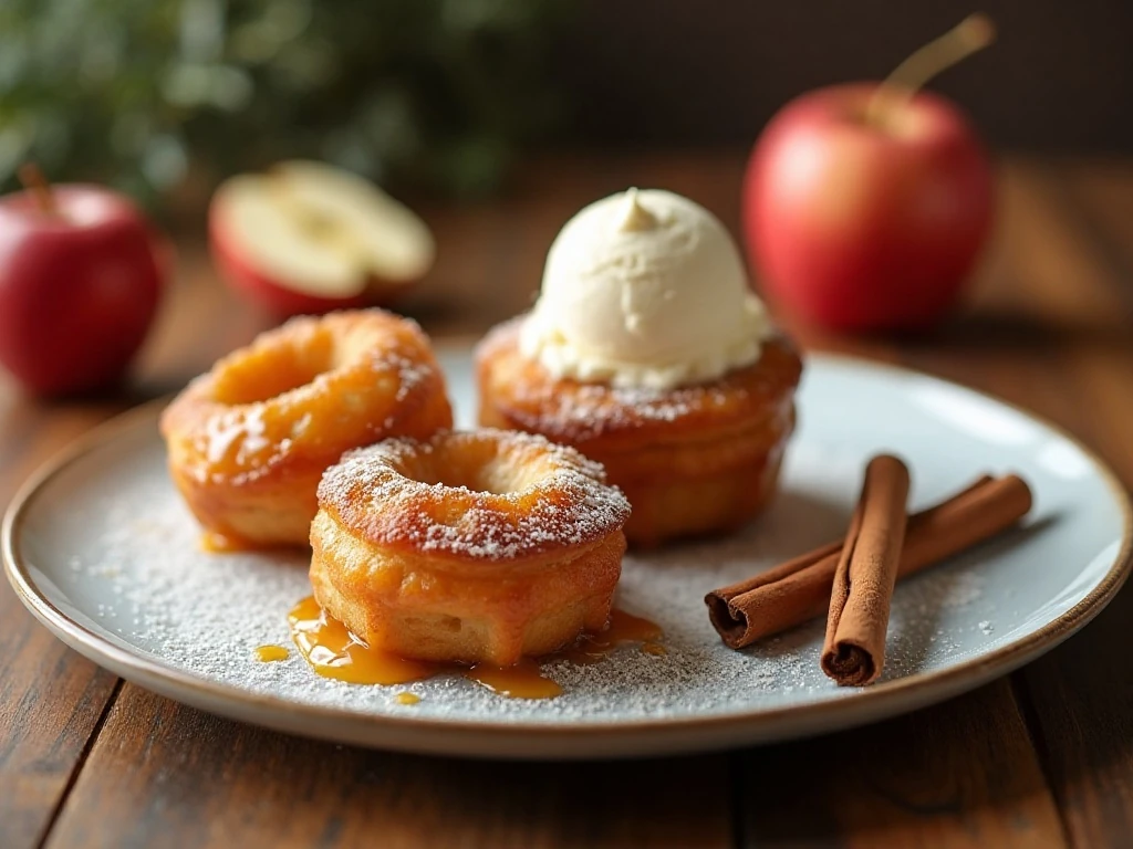 Glazed apple fritters served with vanilla ice cream