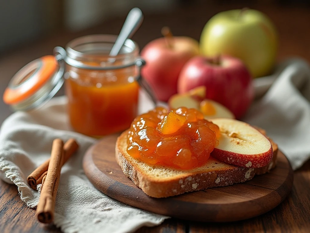 Homemade apple jam served with toast and fresh apple slices