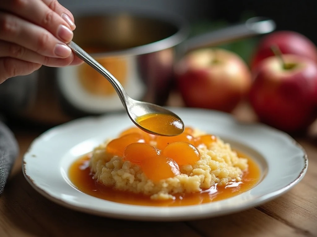 Testing homemade apple jam on a chilled plate