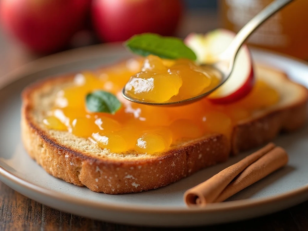 Apple jam spread on toast with cinnamon garnish