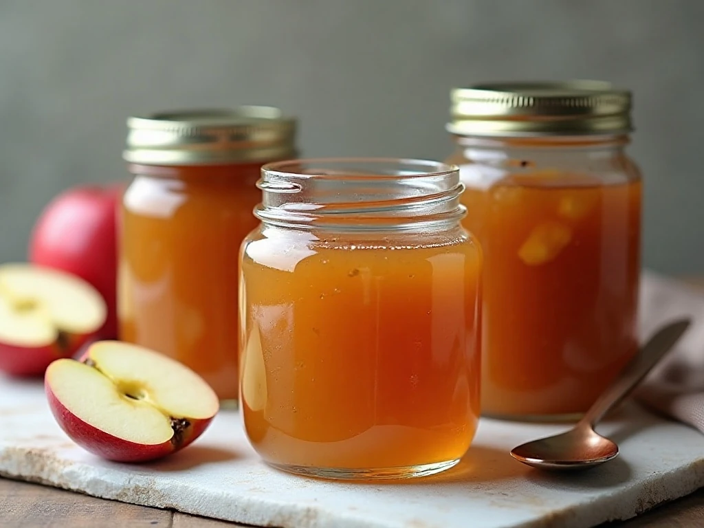 Jars of homemade apple jam ready for refrigerated storage