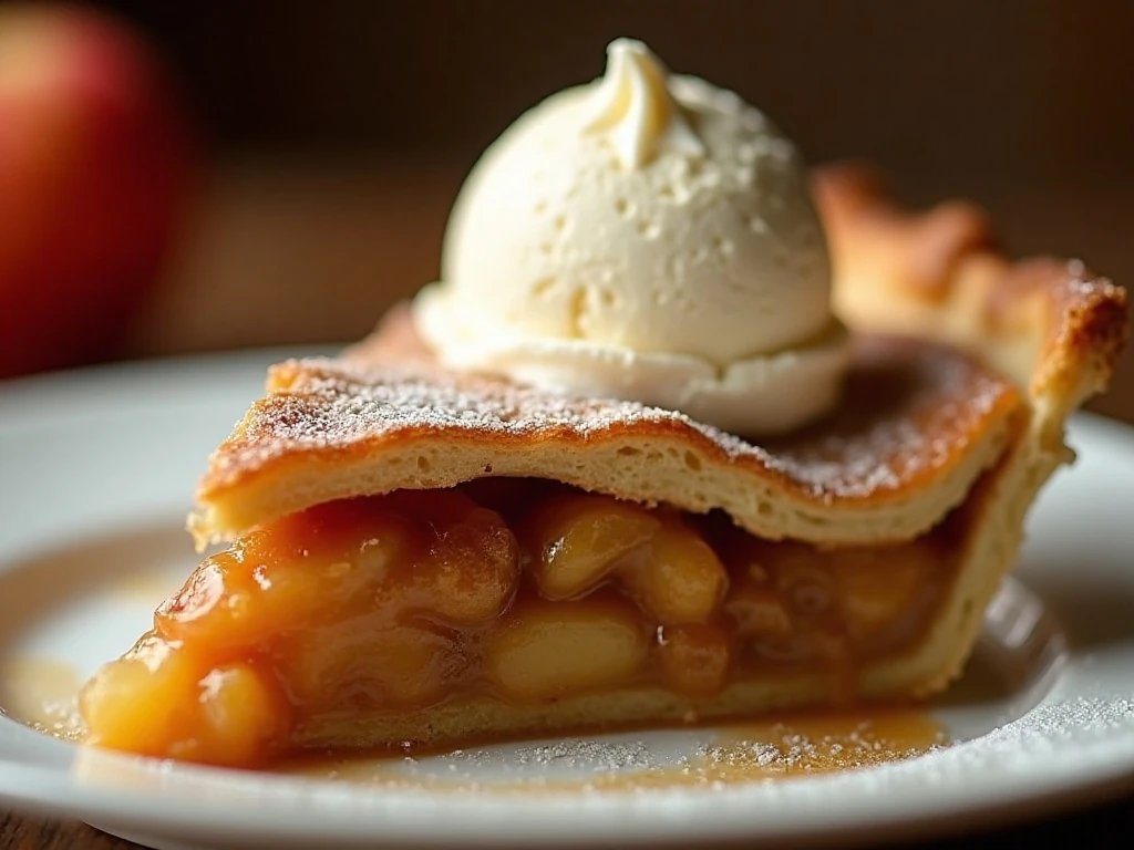 Apple pie slice served with vanilla ice cream