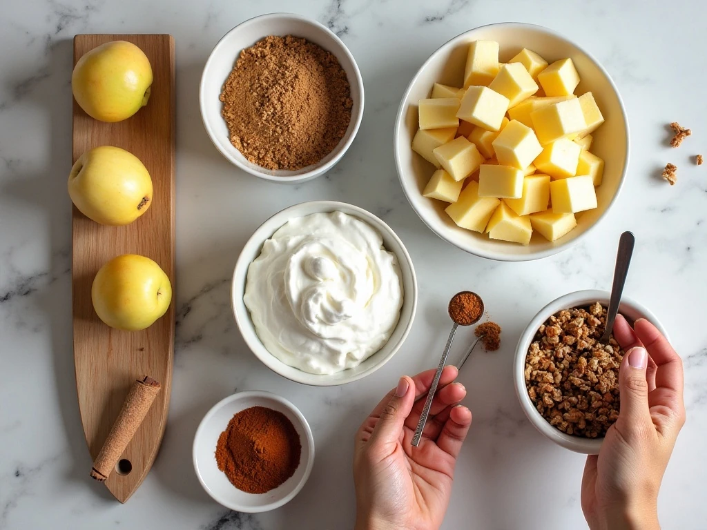 Ingredients for apple pie yogurt parfaits arranged on a countertop