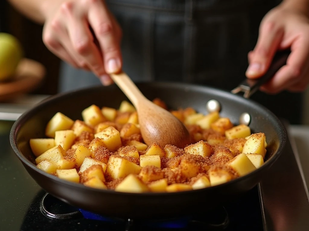 Cinnamon apples cooking in a skillet for yogurt parfaits