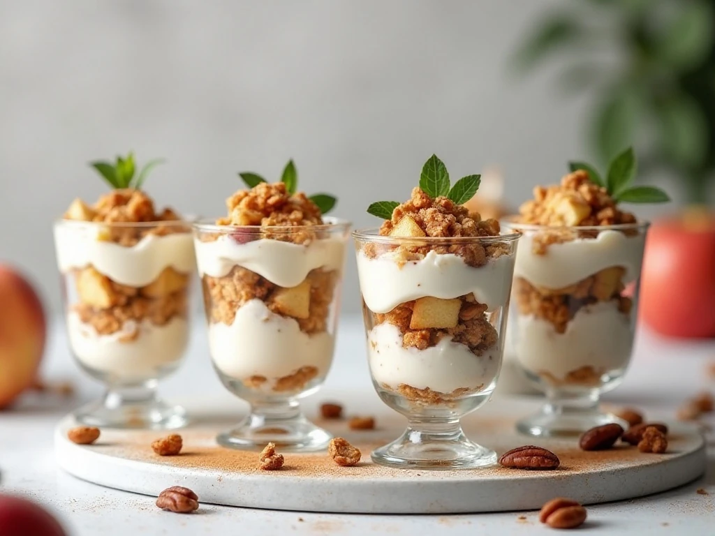 Four finished apple pie yogurt parfaits ready to serve