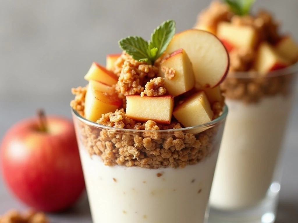 Finished apple pie yogurt parfait with granola and chopped nuts