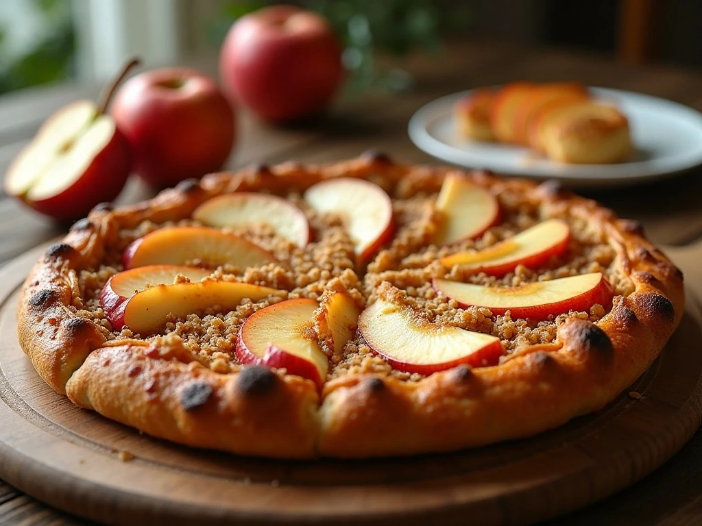 Whole apple pizza with cinnamon apples and oat streusel