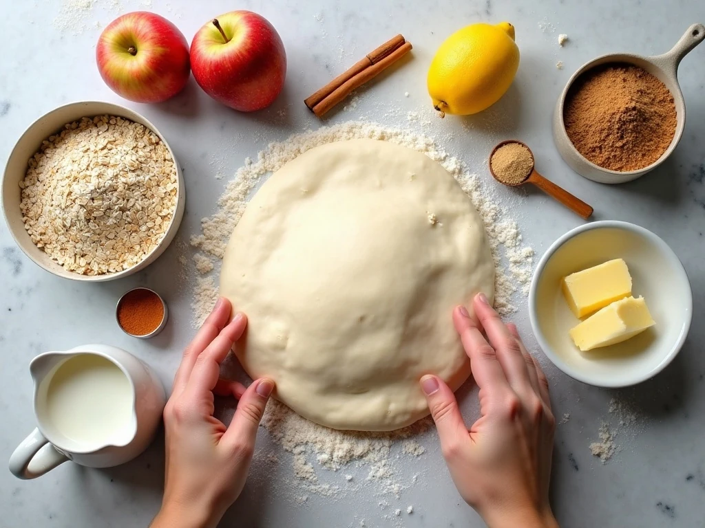 Ingredients for apple dessert pizza arranged on a counter