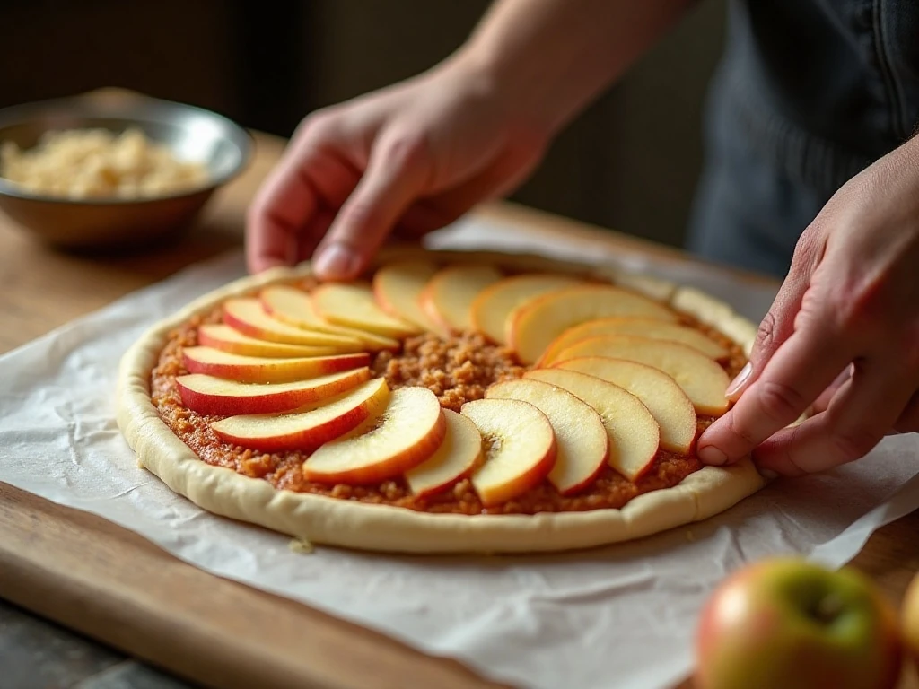 Arranging cinnamon apples on pizza dough before baking