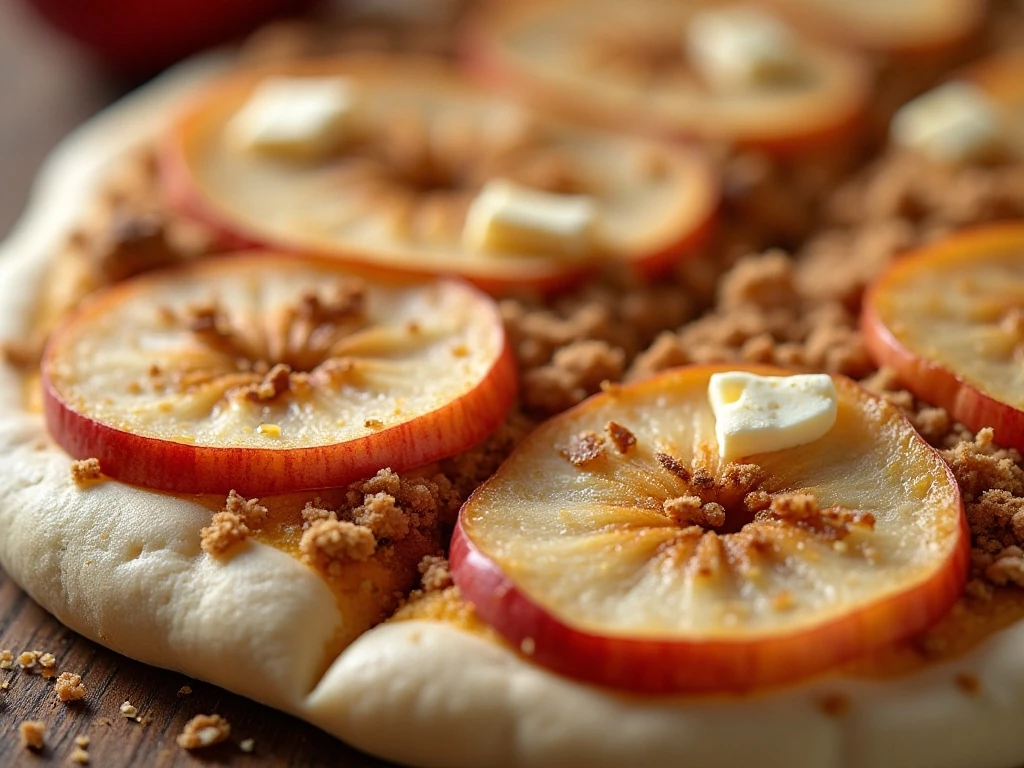 Thin apple slices and crumbly streusel topping on pizza dough