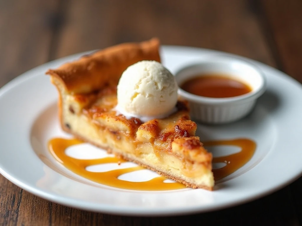 Apple pizza slice served with vanilla ice cream and glaze