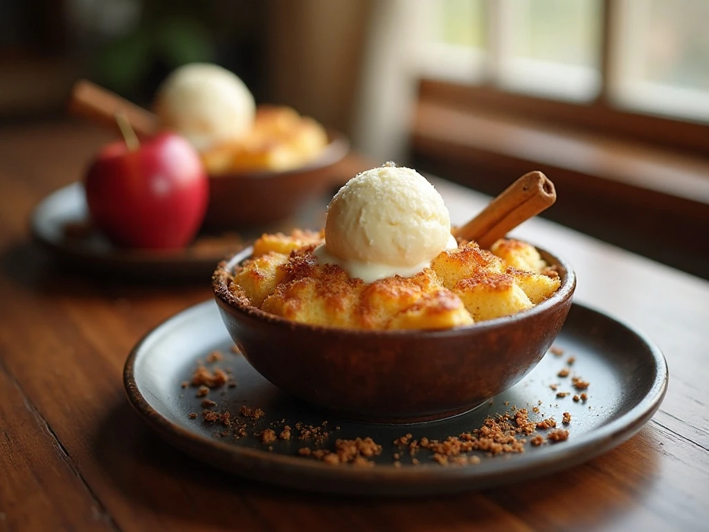 Warm apple dump cake served with vanilla ice cream