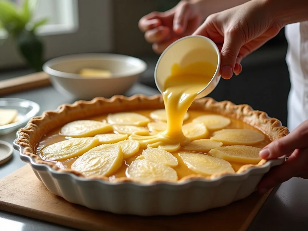 Layering apple pie filling, cake mix, and butter for dump cake