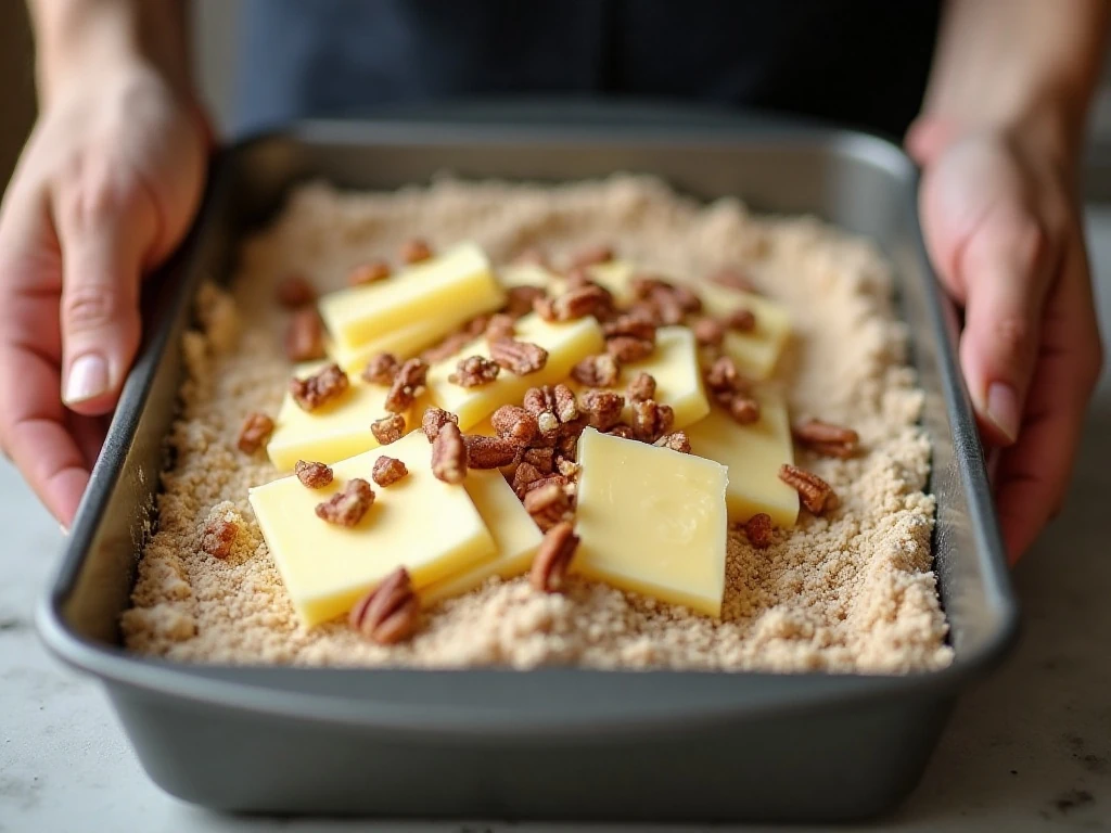 Butter slices covering cake mix for an even dump cake topping