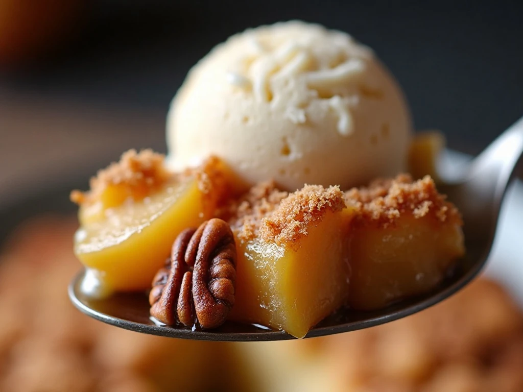 Close-up of apple dump cake with melting vanilla ice cream