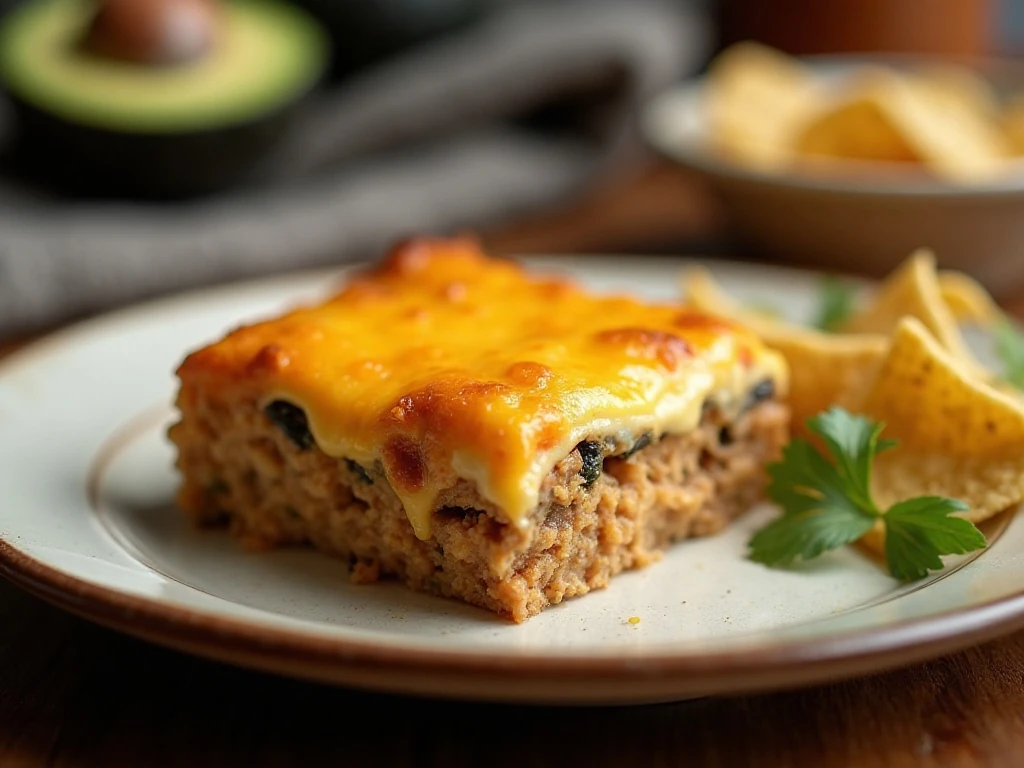 A serving of warm cheesy baked burrito casserole with tortilla chips
