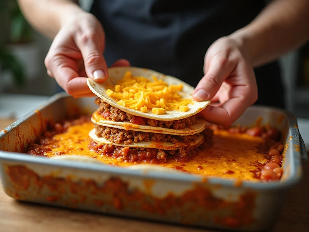 Layering tortillas, beef, beans, sauce, and cheese for burrito casserole