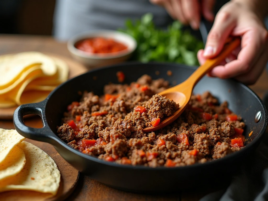 Seasoned beef and warmed ingredients prepared for burrito casserole