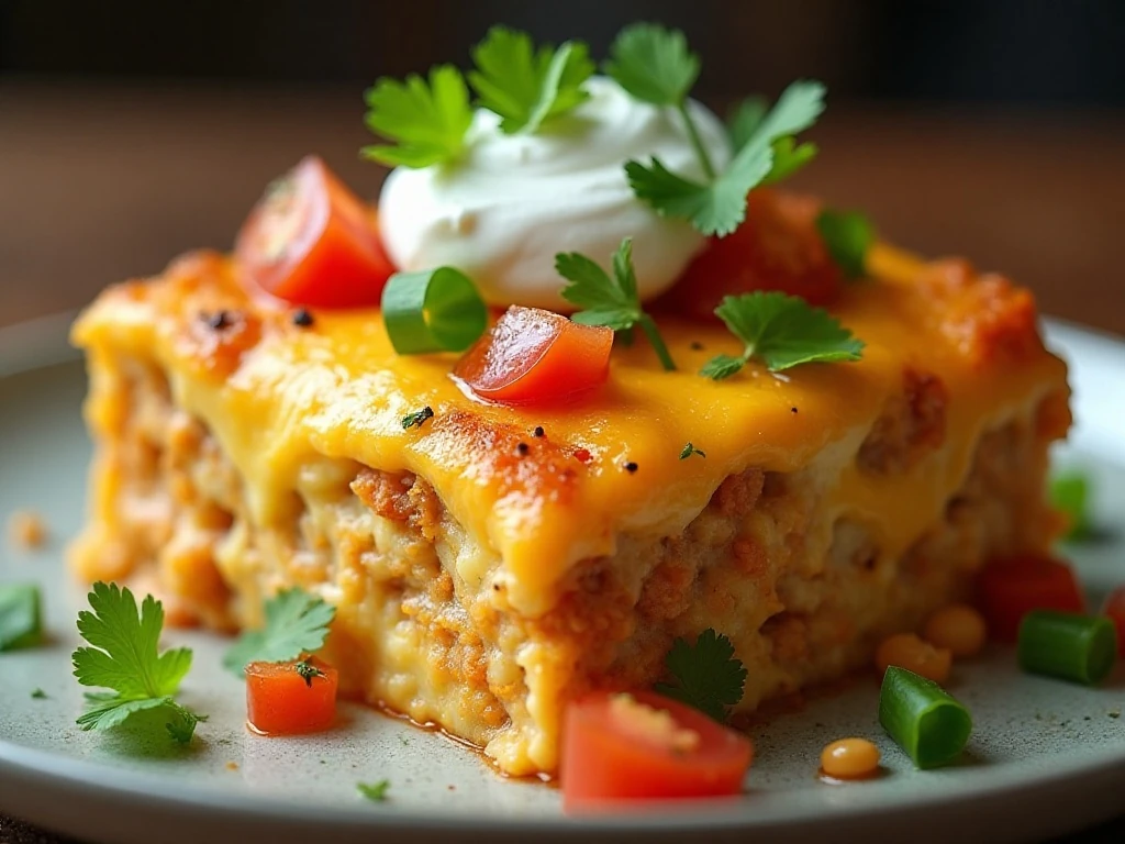 Baked burrito casserole serving with fresh toppings