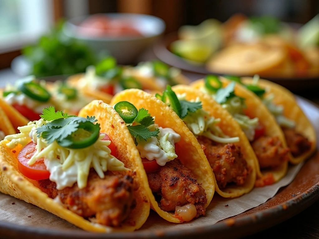 Crispy baked chicken tacos served with fresh toppings