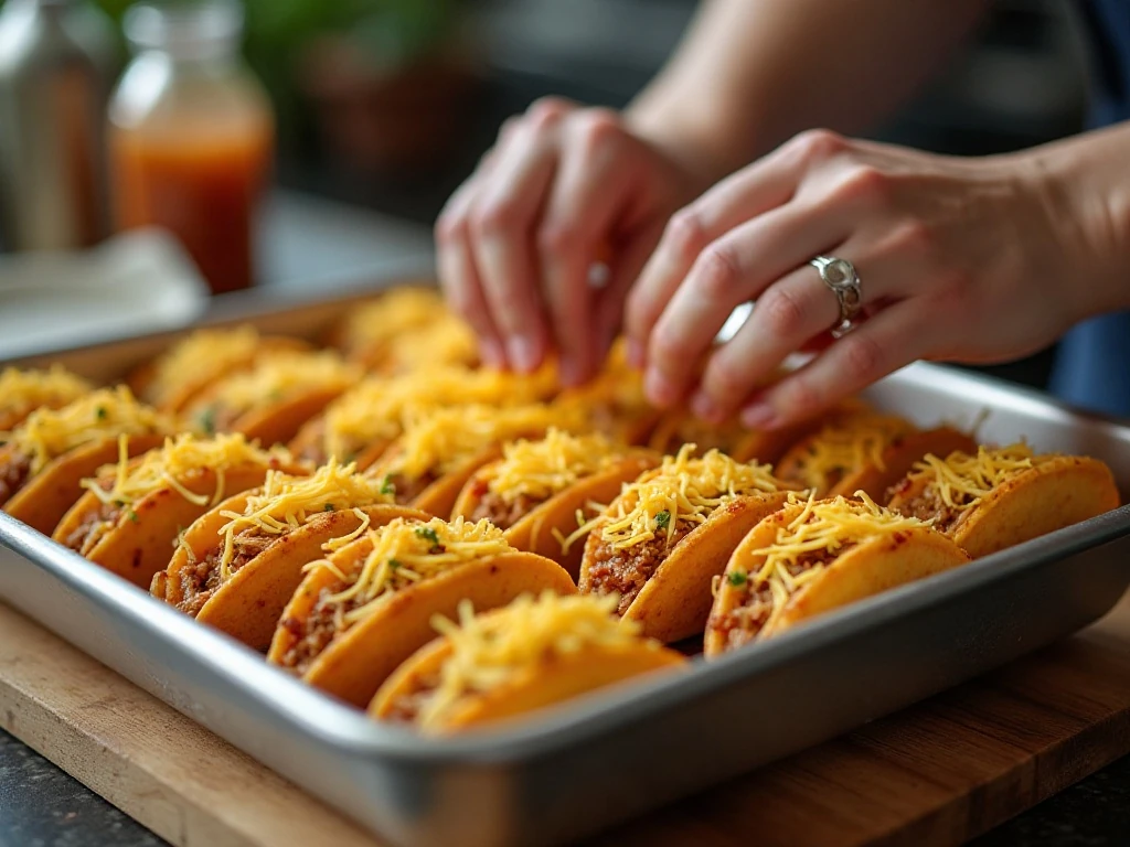 Filling hard taco shells with seasoned shredded chicken and cheese
